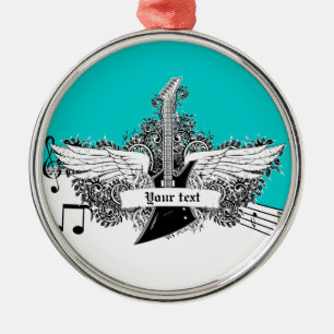 Schwarz-weiße elektrische Gitarre mit Flügelverzie Ornament Aus Metall