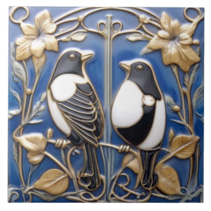 Schwarz-weiße Elster Art Nouveau Art Deco Vögel Fliese