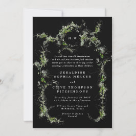 Schwarz-weiße Eukalyptus Wreath Monogram Wedding Einladung