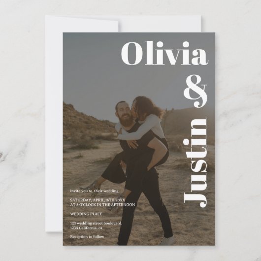 Schwarz-weiße, fette Namen 2 Fotos Qr Hochzeit Einladung (Vorderseite)