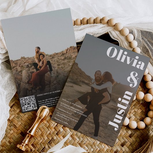 Schwarz-weiße, fette Namen 2 Fotos Qr Hochzeit Einladung