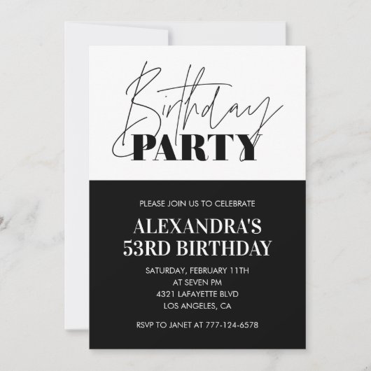 Schwarz-weiße fette Typografie 53. Geburtstag Einladung (Vorderseite)