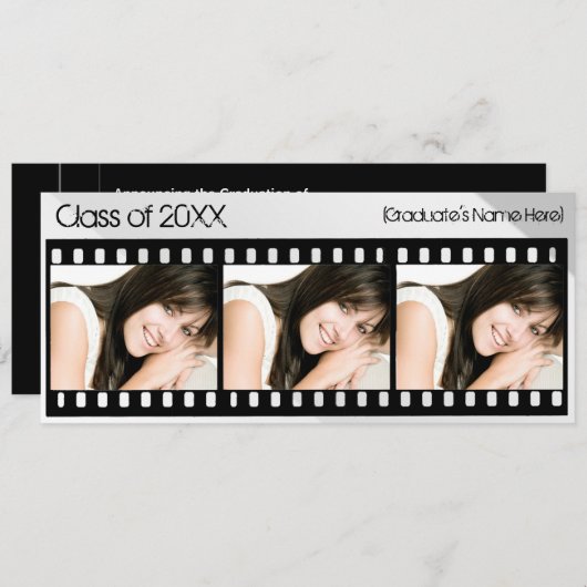 Schwarz-weiße Filmstrip Abschluss-Mitteilung Einladung (Vorne/Hinten)