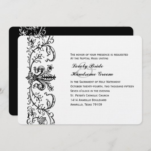 Schwarz-weiße flämische katholische Hochzeitseinla Einladung (Vorne/Hinten)