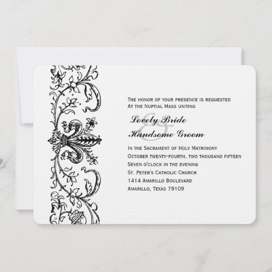 Schwarz-weiße flämische katholische Hochzeitseinla Einladung (Vorderseite)