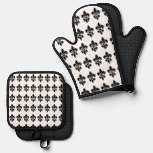 Schwarz-weiße Fleur de Lis Ofenhandschuh & Topflappen-Set