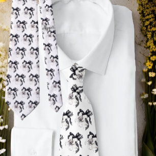 Schwarz-weiße florale botanische Lily Lace Ribbon  Krawatte