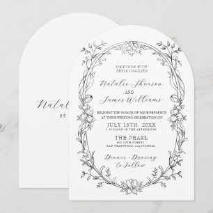Schwarz-Weiße florale gebogene Old Money Hochzeit Einladung