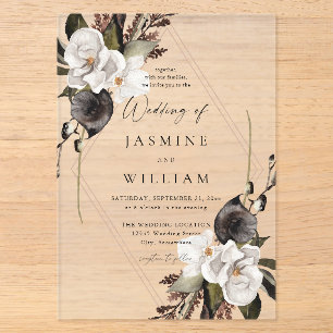 Schwarz-weiße florale Hochzeit Acryleinladungen