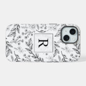 Schwarz-weiße florale Monogramm iPhone 15 Hülle (Rückseite (Horizontal))