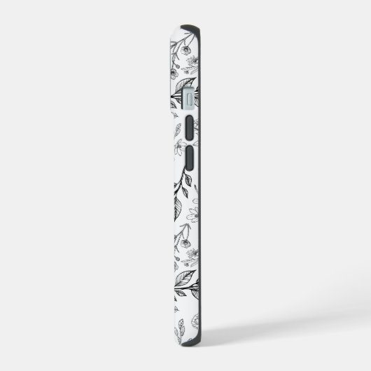 Schwarz-weiße florale Monogramm iPhone 15 Hülle (Linke Seite)