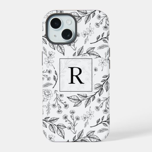 Schwarz-weiße florale Monogramm iPhone 15 Hülle (Rückseite)