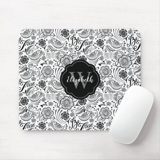 Schwarz-weiße florale Monogramm Mousepad (Mit Mouse)