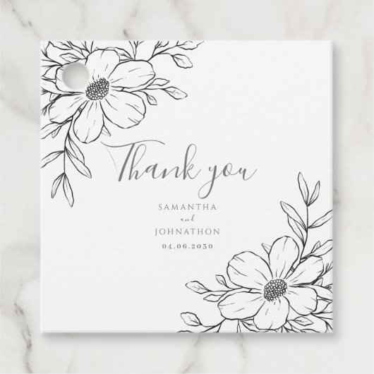 Schwarz-weiße florale Zeichnend Gastgeschenk Hochz Geschenkanhänger (Vorderseite)