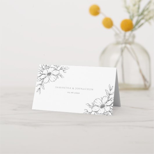 Schwarz-weiße, florale Zeichnend Hochzeit Platzkarte (Rückseite)