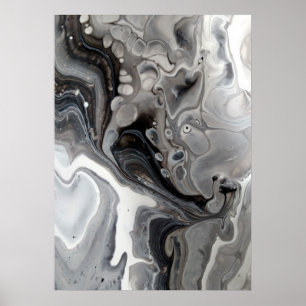 Schwarz Weiße Flüssige Marmor Abstract Grau Silber Poster