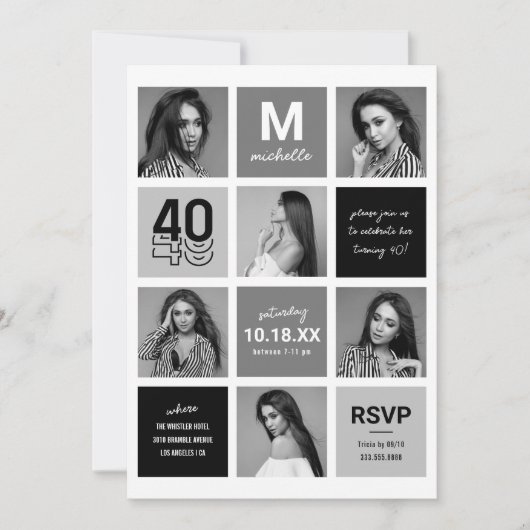 Schwarz-weiße FotoCollage 40. Geburtstag Einladung (Vorderseite)