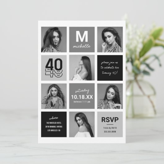 Schwarz-weiße FotoCollage 40. Geburtstag Einladung (Stehend Vorderseite)