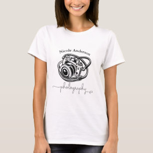 Schwarz-weiße Fotografie-Kamera-Logo-Grafik T-Shirt