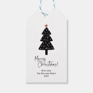 Schwarz-weiße frohe Weihnachts-Pine-Tree-Begrüßung Geschenkanhänger