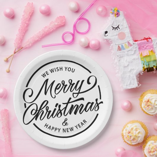 Schwarz-weiße Frohe Weihnachtskalligraphie Pappteller (Party)