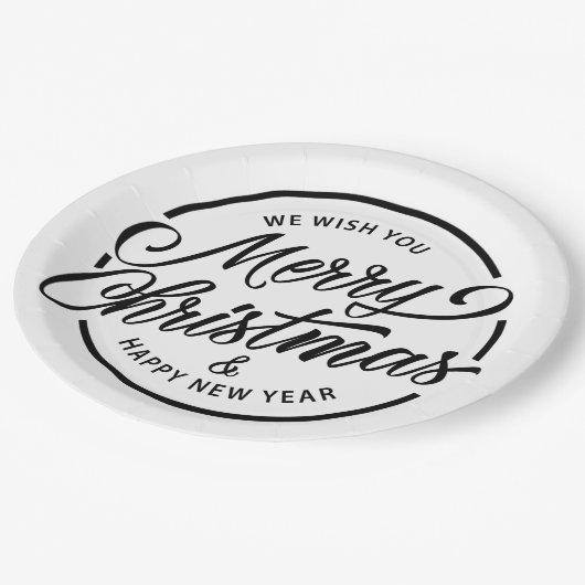 Schwarz-weiße Frohe Weihnachtskalligraphie Pappteller (Schrägansicht)