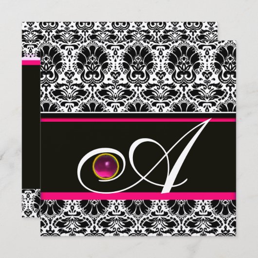 SCHWARZ-WEISSE FUCHSIA DAMASK MONOGRAM Amethyst Go Einladung (Vorne/Hinten)