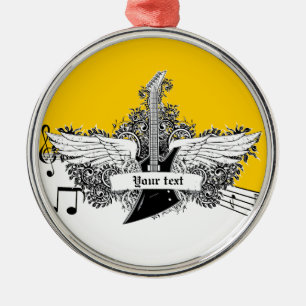 Schwarz-weiße gelbe Gitarre mit Flügeln Ornament Aus Metall