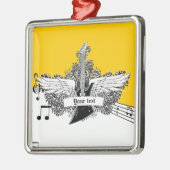 Schwarz-weiße gelbe Gitarre mit Flügeln Silbernes Ornament (Links)