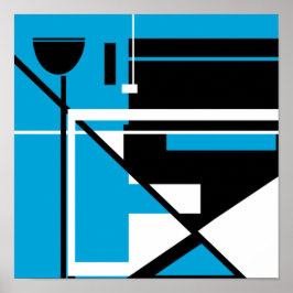 Schwarz-weiße Geometrie Abstrakt auf Mittelblau Poster