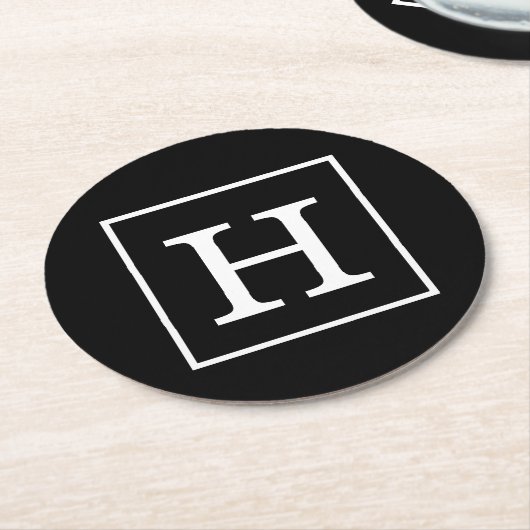 Schwarz-weiße Gerahmte Initialmonogramm Runder Pappuntersetzer (Angewinkelt)