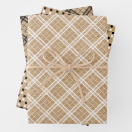 Schwarz-weiße Gingham-Punkte auf Imitate Brown Kra Geschenkpapier Set