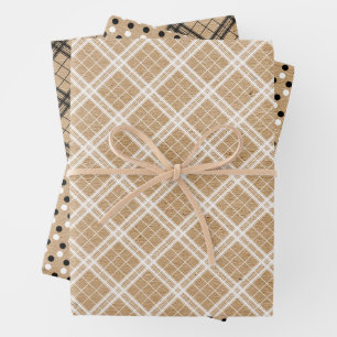 Schwarz-weiße Gingham-Punkte auf Imitate Brown Kra Geschenkpapier Set