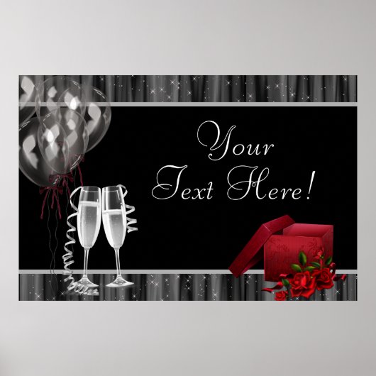 Schwarz-weiße Glitzern Champagne Party Banner Poster (Vorne)