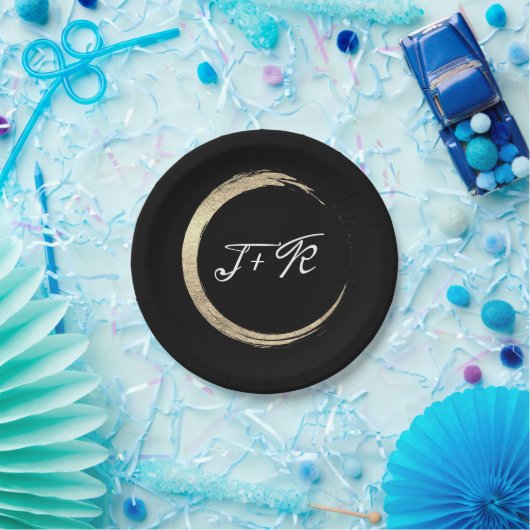 Schwarz-weiße Gold Circle Monogram Initials minima Pappteller (Party)