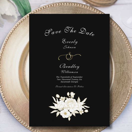 Schwarz-weiße Gold Floral Rose Elegant Traditionel Save The Date