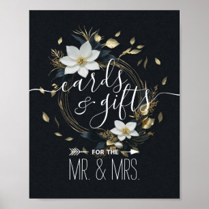 Schwarz-weiße Gold Floral Wraath Cards Hochzeitsge Poster