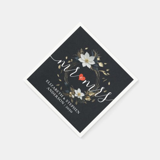 Schwarz-weiße Gold Floral Wreath Wedding Liebe Dan Serviette (Ecke)