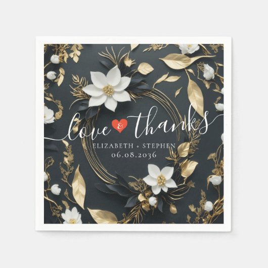 Schwarz-weiße Gold Floral Wreath Wedding Liebe Dan Serviette (Vorderseite)