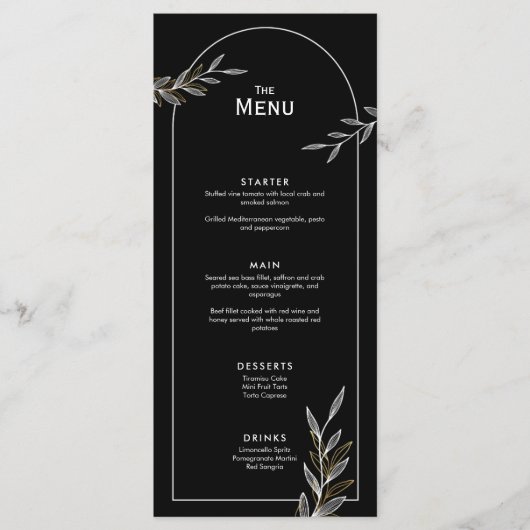 Schwarz-weiße Gold Leaf Wedding Event Menu Karte (Vorderseite)