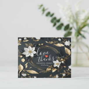 Schwarz Weiße & Goldene Blumenkranz-Hochzeit Danke Postkarte