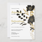 Schwarz-weiße goldfarbene, elegante Blumenhochzeit Einladung (Vorderseite)