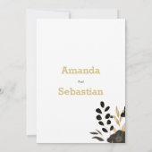 Schwarz-weiße goldfarbene, elegante Blumenhochzeit Einladung (Rückseite)