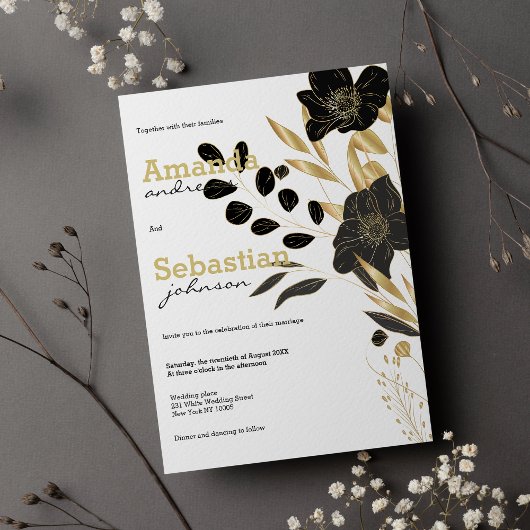 Schwarz-weiße goldfarbene, elegante Blumenhochzeit Einladung
