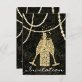 Schwarz-weiße Goldglasbläschen Champagner Toasting Einladung (Vorne/Hinten)