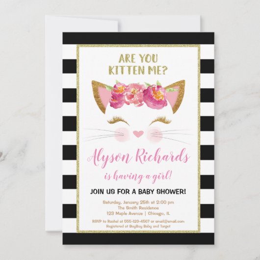 Schwarz-weiße Goldkätzchen Einladung (Vorderseite)