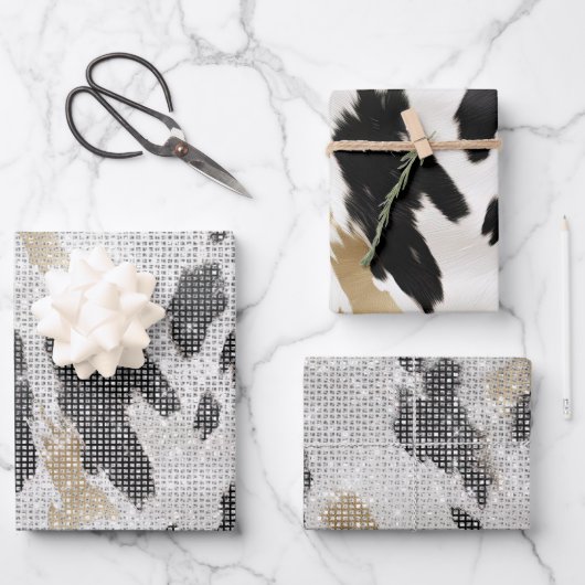 Schwarz-weiße Goldkühe Geschenkpapier Set (Vorderseite)