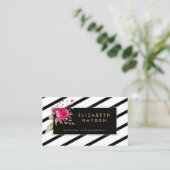 Schwarz-weiße Goldstreifen Floral Visitenkarte (Stehend Vorderseite)