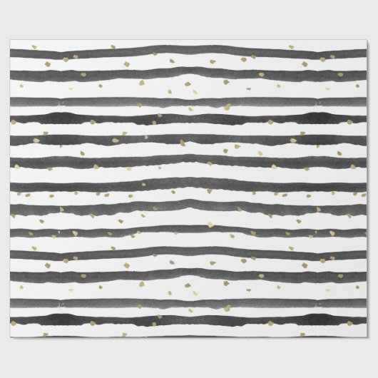Schwarz-weiße Goldwatercolor-Streifen und Punkte Geschenkpapier (Flach)