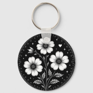 Schwarz-weiße Gotik-Blumen Schlüsselanhänger